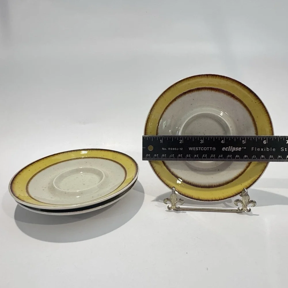 Vintage‎ Rainbow Stoneware Citron Yellow Rim Speckled Pattern 3pc Saucer Plates
